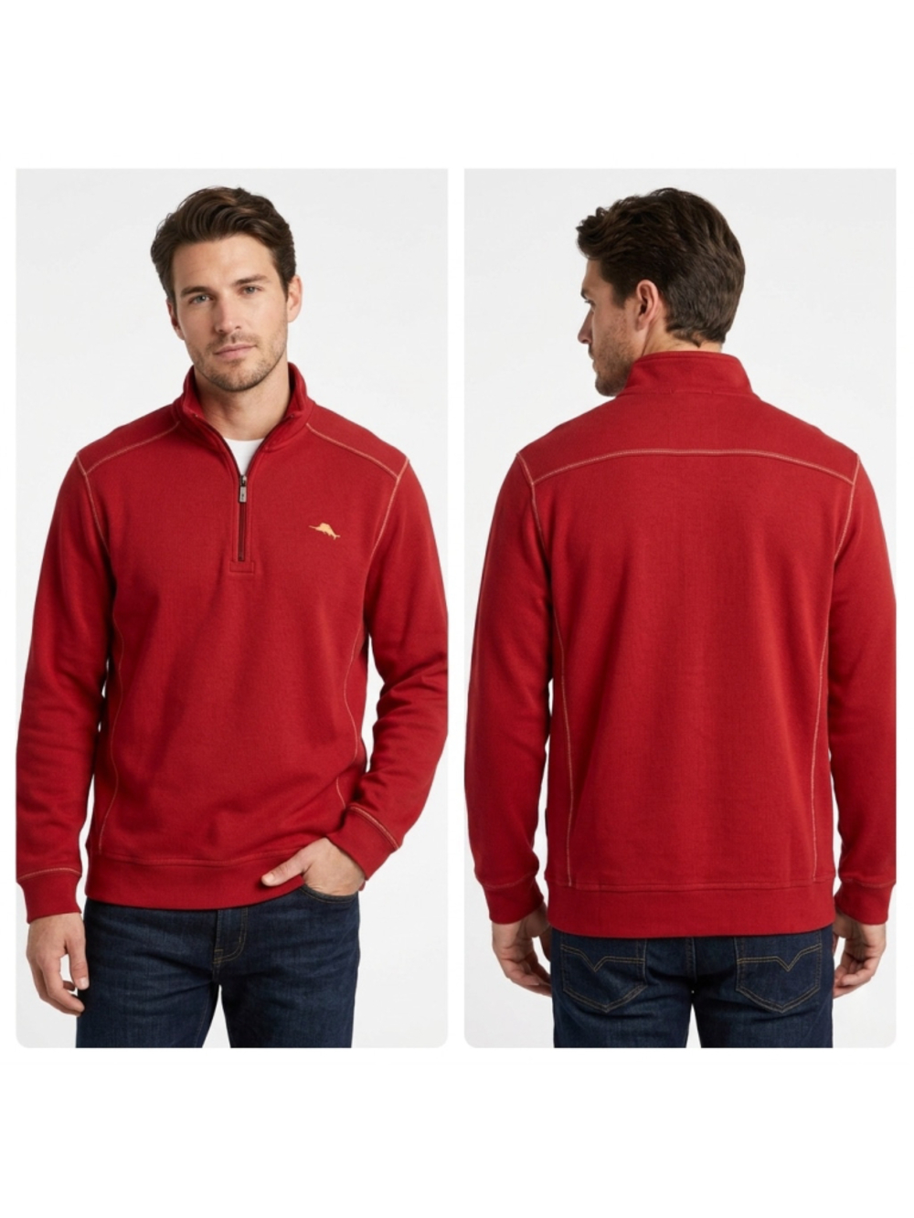 Tommy Bahama Relax Men's 1/4 Zip Pullover Sweatshirt Red Marl Fish Logo Size L